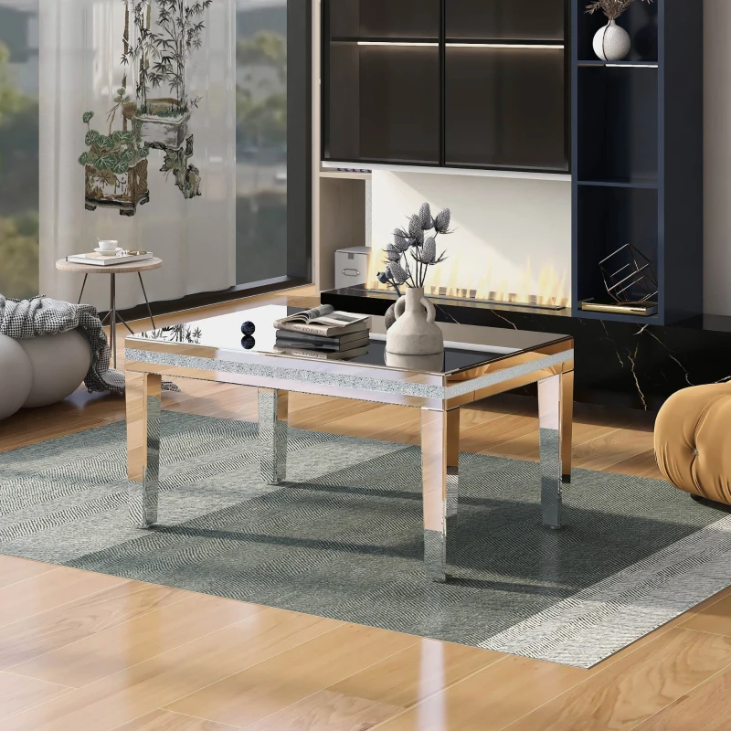 Vinsetto Fashionable Modern Glass Mirrored Coffee Table with Crystal Design and Adjustable Height Legs, Easy Assembly, 35.5" L x 23.5" W x 18.5" H, Silver