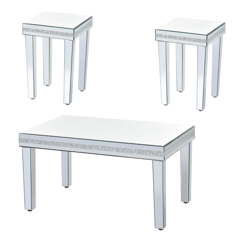 Vinsetto Set of 3 Fashionable Modern Glass Mirrored Coffee Table with 2 End Tables, Crystal Cocktail Table for Apartment, Easy Assembly, Silver