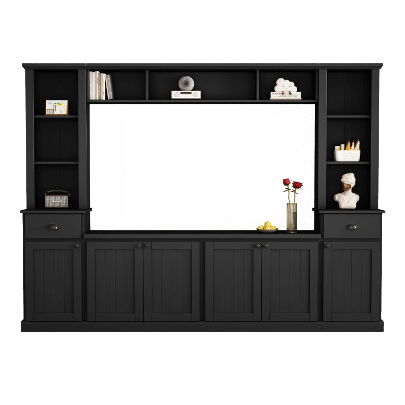 Minimalist Storage TV Stand for TVs Up to 75" with Adjustable Shelves, Entertainment Wall Unit Set for Living Room, 103" L x 15" W x 77" H, Black