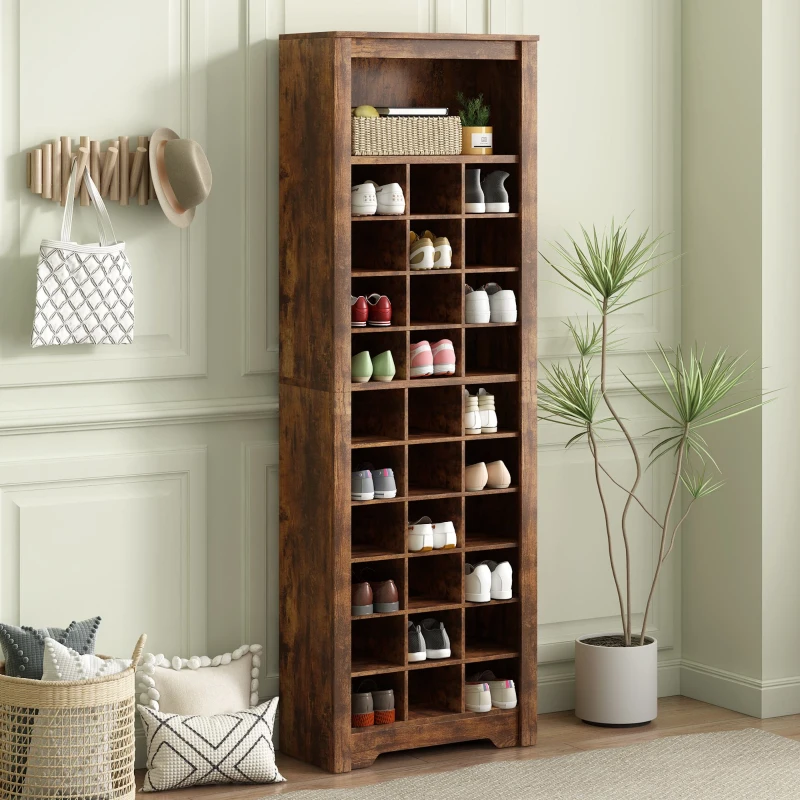 Contemporary Shoe Cabinet with 30 Cubbies, Free Standing Tall Storage Cabinet for Hallway or Bedroom, 24.5" L x 13" W x 74" H, Rustic Brown