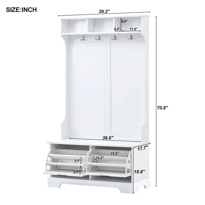Vinsetto All-in-One Hall Tree with 3 Top Shelves, 2 Flip Shoe Storage Drawers, Storage Bench, and Metal Hanging Hooks, 39.5" L x 18" W x 71" H, White