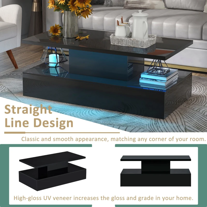 Modern Industrial Design Coffee Table with LED Lighting, 16 Colors with Remote Control, Easy Assembly, 47" L x 23.5" W x 18" H, Black