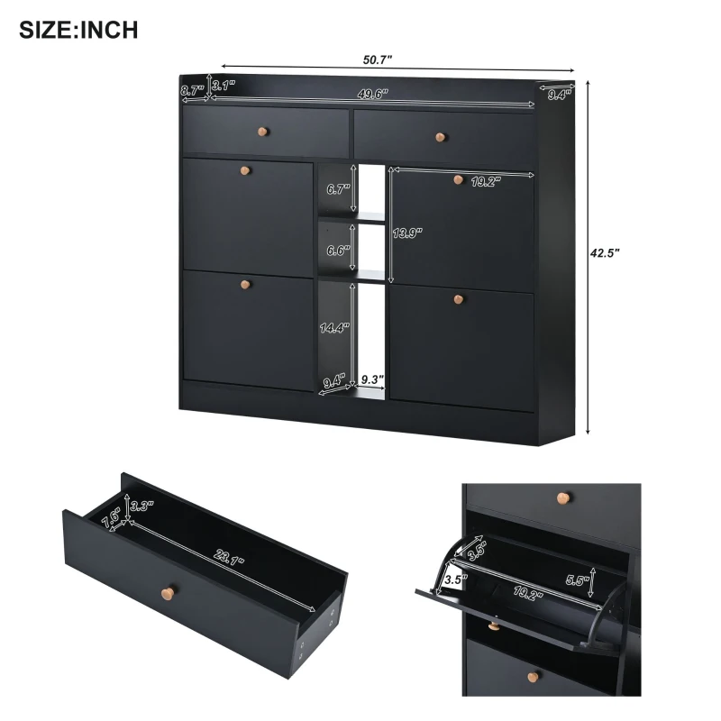 Modern Shoe Cabinet with 4 Flip Drawers, 2-Tier Shoe Storage Organizer, Shoe Rack for Entrance Hallway, 50.5" L x 9.5" W x 42.5" H, Black