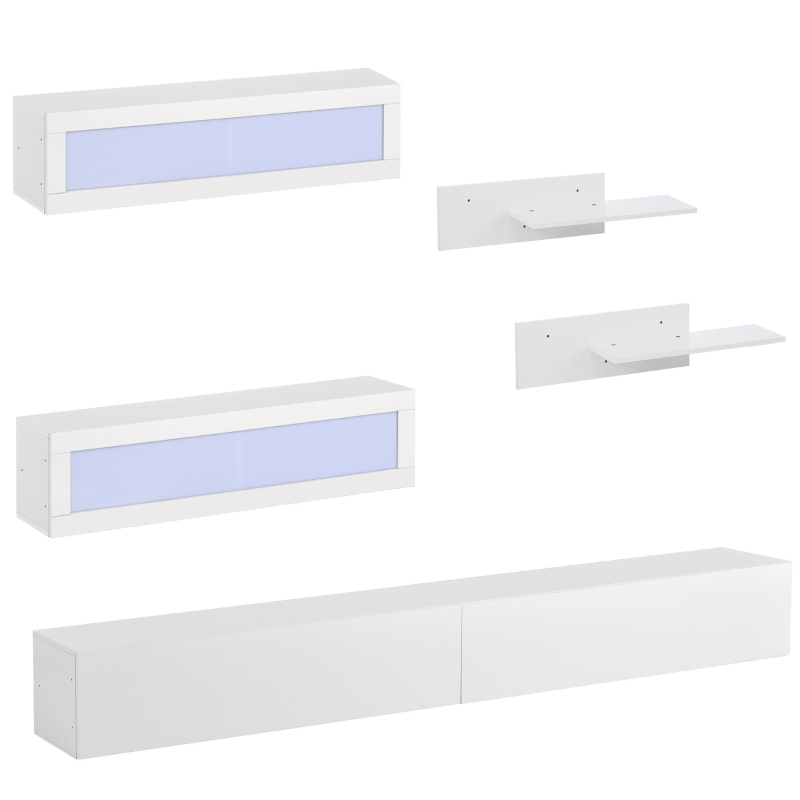 Vinsetto Wall Mount Floating TV Stand with 4 Media Storage Cabinets, 2 Shelves, and 16-Color RGB LED Lights for 95+" TV, White