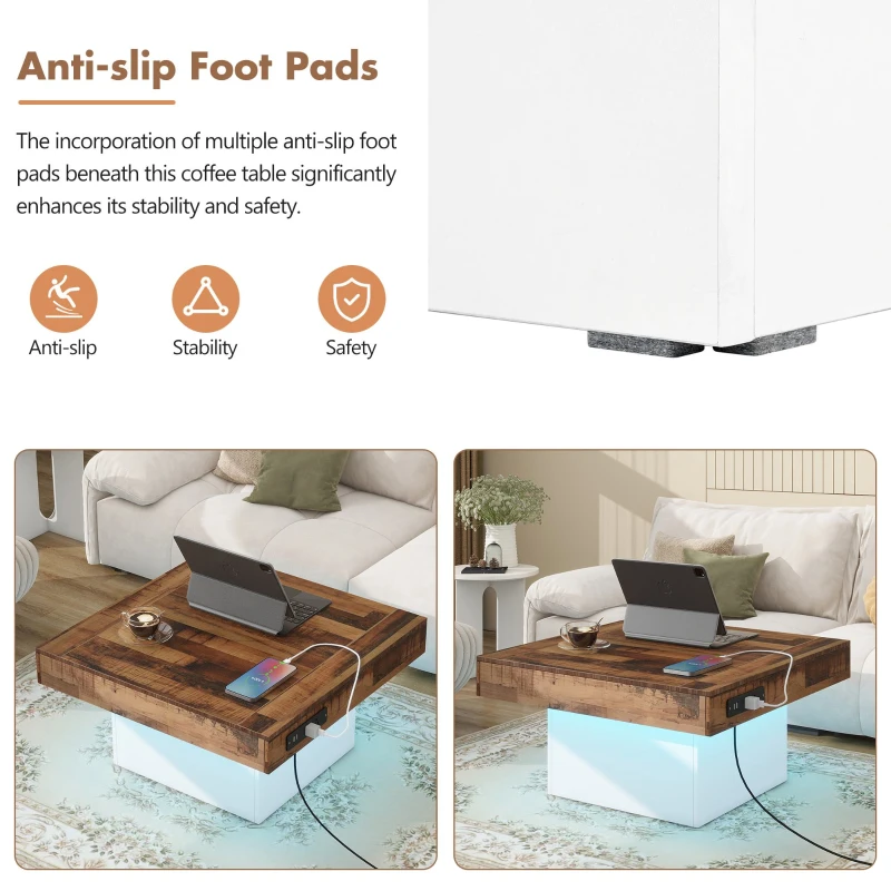 Farmhouse Wood Coffee Table with 2 USB Ports and Outlets, LED Light, Anti-Slip Foot Pads, Spliced Wood Grain, 31.5" L x 31.5" W x 16.5" H, White