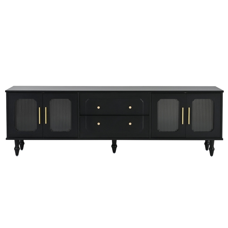 Retro Design TV Stand with Fluted Glass Doors, 2 Drawers and Cabinets, Fits TVs Up to 78", 70" L x 16" W x 22" H, Black