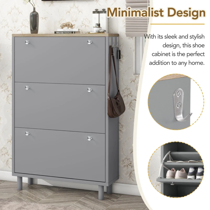 Vinsetto Narrow Design Shoe Cabinet with 3 Flip Drawers, Wood Grain Top, Adjustable Shelves, and Hooks, 31.5" L x 9.5" W x 48" H, Grey