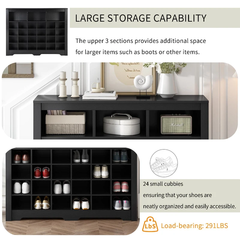 Modern 24-Cubby Shoe Cabinet, Sleek Design with Curved Base, Versatile Sideboard for Hallway, Bedroom, Living Room, Black