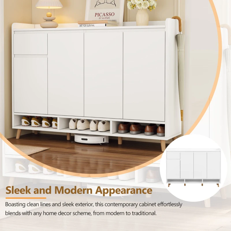 Sleek and Contemporary Shoe Cabinet with Adjustable Shelves, Solid Wood Legs, and Ample Storage, 55.5" L x 14" W x 39.5" H, White