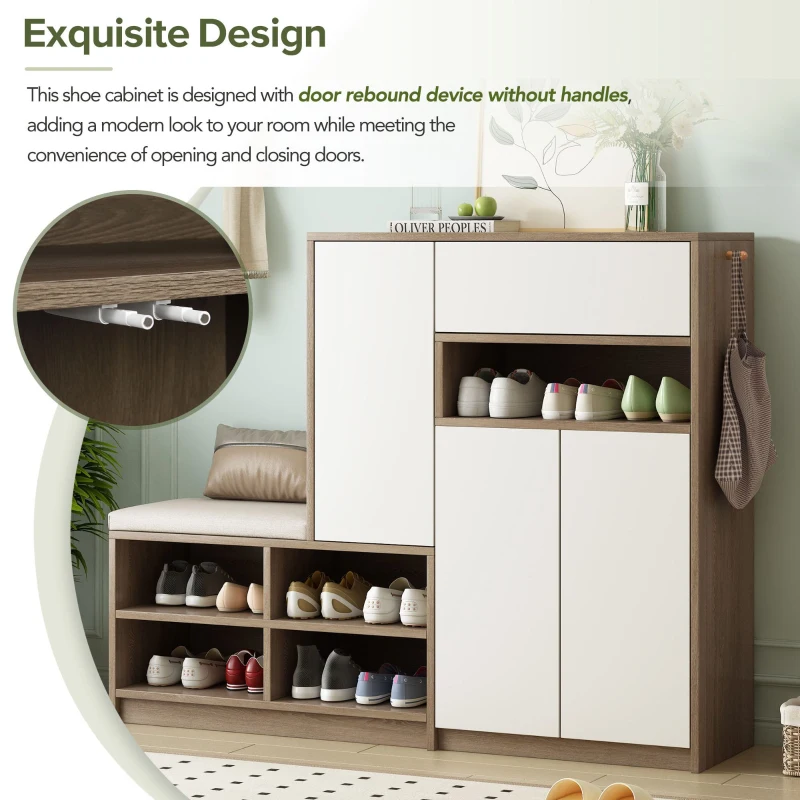 Vinsetto 2-in-1 Shoe Storage Bench & Cabinet, Multi-functional Shoe Rack with Padded Seat and Adjustable Shelves, 55.5" L x 14" W x 43.5" H, White