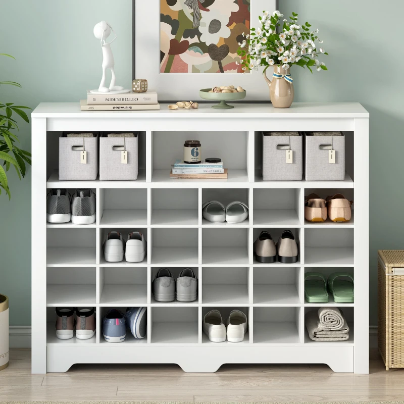 Sleek Design 24-Cubby Shoe Cabinet, Modern Shoe Cabinet with Curved Base, Versatile Sideboard, 45.5" L x 13" W x 35" H, White