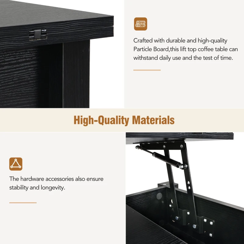 Vinsetto Lift Top Coffee Table with Multi-Functional Open Shelves, Modern Lift Tabletop Dining Table for Living Room, 42" L x 40" W x 25.5" H, Black