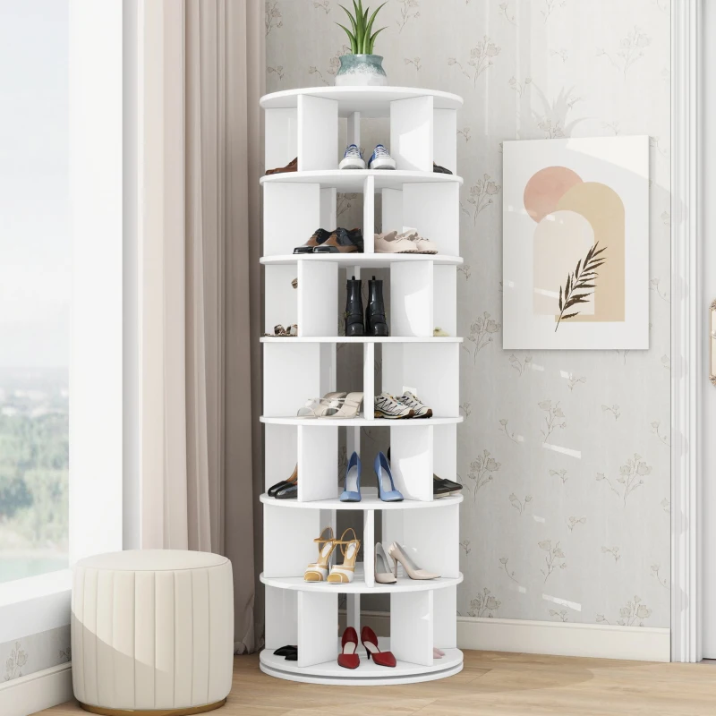 360° Spinning Shoe Cabinet with 5 Grids Per Layer, Adjustable 7-Tier Rotating Shoe Rack Tower, for Living Room, 23.5" L x 23.5" W x 65" H, White