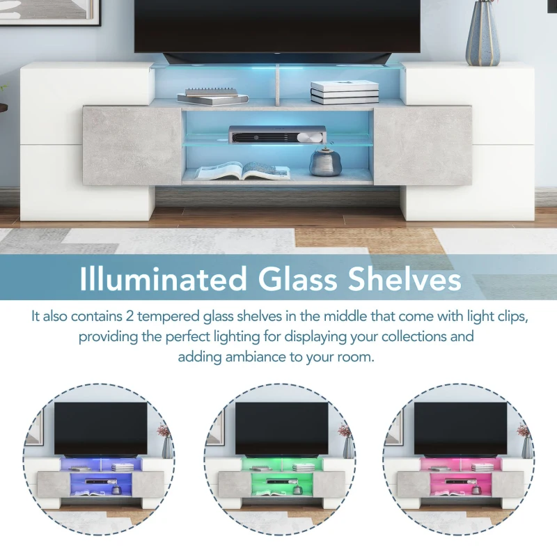 Unique Shape TV Stand for TVs Up to 88" with 2 Illuminated Glass Shelves, High Gloss Entertainment Center, LED Color Changing Lights, Gray