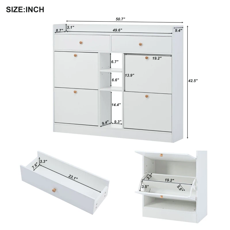 Vinsetto Modern Shoe Cabinet with 4 Flip Drawers, 2-Tier Shoe Storage Organizer, Shoe Rack for Entrance Hallway, 50.5" L x 9.5" W x 42.5" H, White