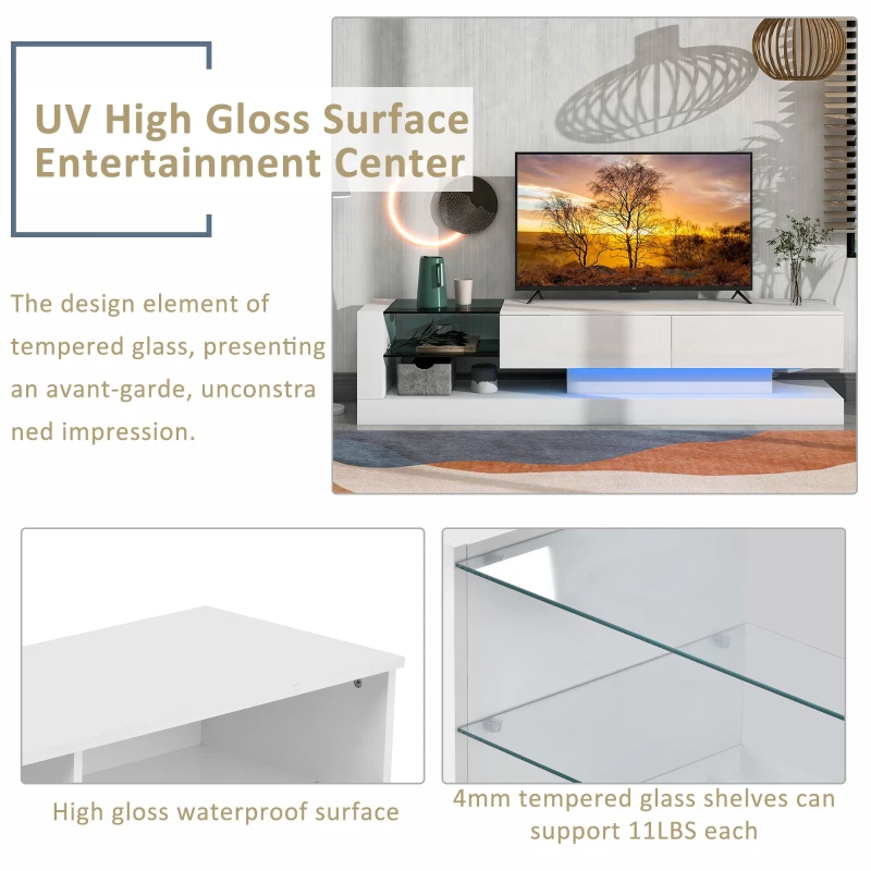 Vinsetto 71" TV Stand for 75" TV with Media Storage Cabinets, 16-Color RGB LED Lights, Modern High Gloss Entertainment Center, White