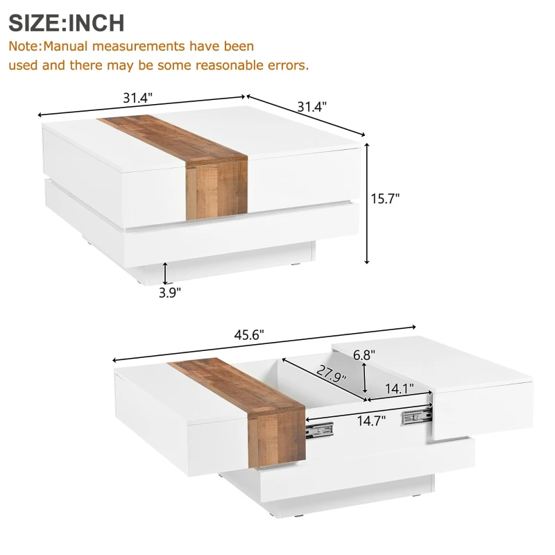 Vinsetto 31.5'' Square Coffee Table with Sliding Tabletop, High Gloss Finish, Hidden Storage Compartment, Extendable to 45.5'', White