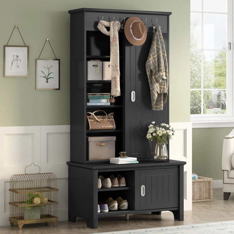 Vinsetto Multifunctional Hall Tree with Storage Bench, Hallway Shoe Cabinet with Shelves, Mudroom Coat Storage with Hanging Hooks for Entryways, Black