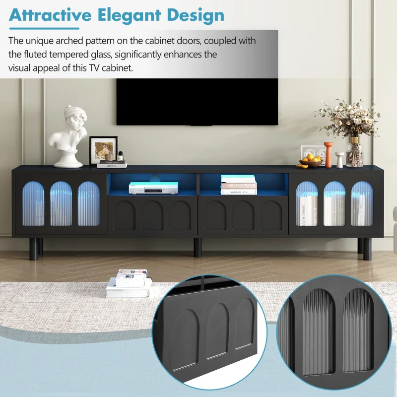 Vinsetto TV Stand with LED Light Strip for TVs Up to 80", Entertainment Center with Glass Doors, Cable Management, 71" L x 12" W x 19" H, Black