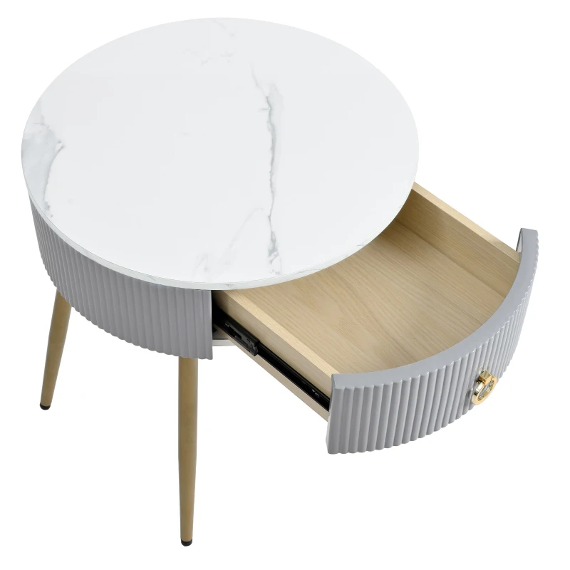 Set of 2 Modern End Tables with Storage, Faux Marble Tabletops, Fluted Panels, and Golden Legs, 19.5" L x 19.5" W x 20.5" H, Grey+Gold