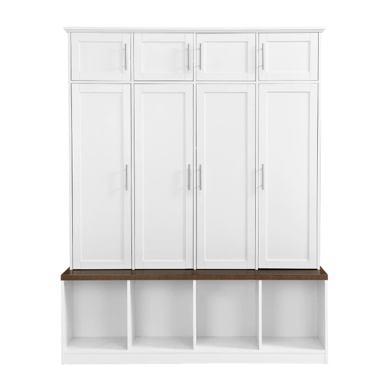Vinsetto Multi-Functional Hall Tree with 4 Hidden Hanging Hooks, Brown Wood Grain Bench, Multiple Storage Spaces, 59" L x 15.5" W x 75" H, White