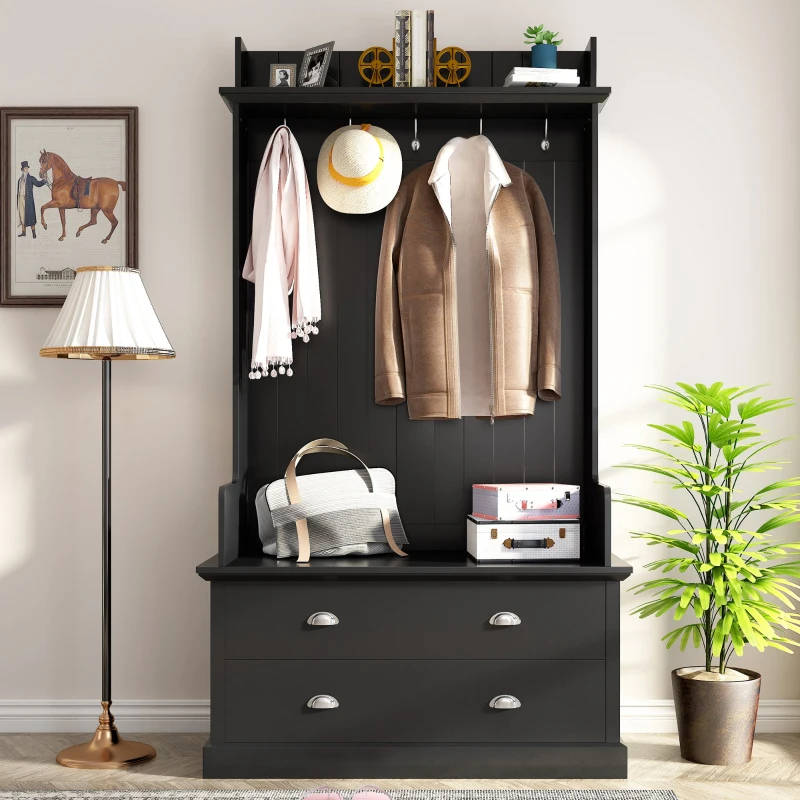 Vinsetto Vintage Style Hallway Coat Rack with 5 Metal Hooks and 2 Large Drawers, 38.5" Wide Entryway Bench with Metal Handles, MDF Veneer, Black