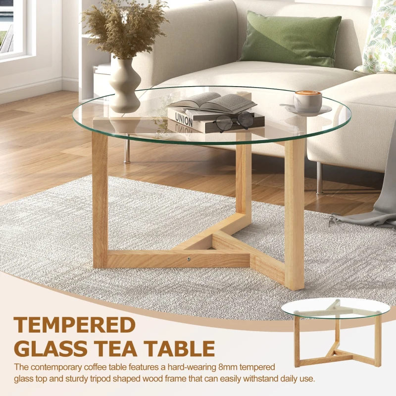 Round Coffee Table with Tempered Glass Top and Sturdy Wood Base, Modern Cocktail Table, Easy Assembly, 35.5" L x 35.5" W x 17.5" H, Natural
