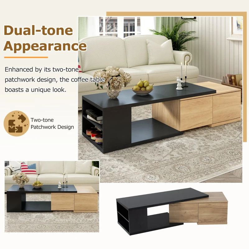 Vinsetto Extendable Coffee Table with 2 Storage Drawers, Dual-tone Wood Center Table with Sliding Tabletop, Multi-functional Hidden Storage, Black