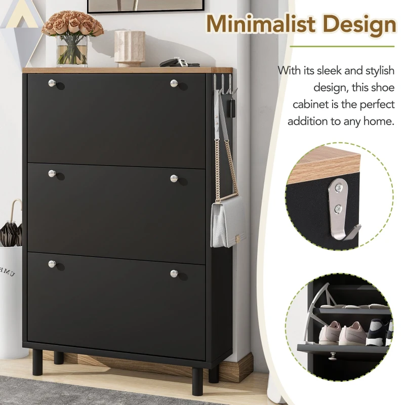 Vinsetto Narrow Design Shoe Cabinet with 3 Flip Drawers, Wood Grain Top, Adjustable Shelves, and 3 Hooks, 31.5" L x 9.5" W x 48" H, Black