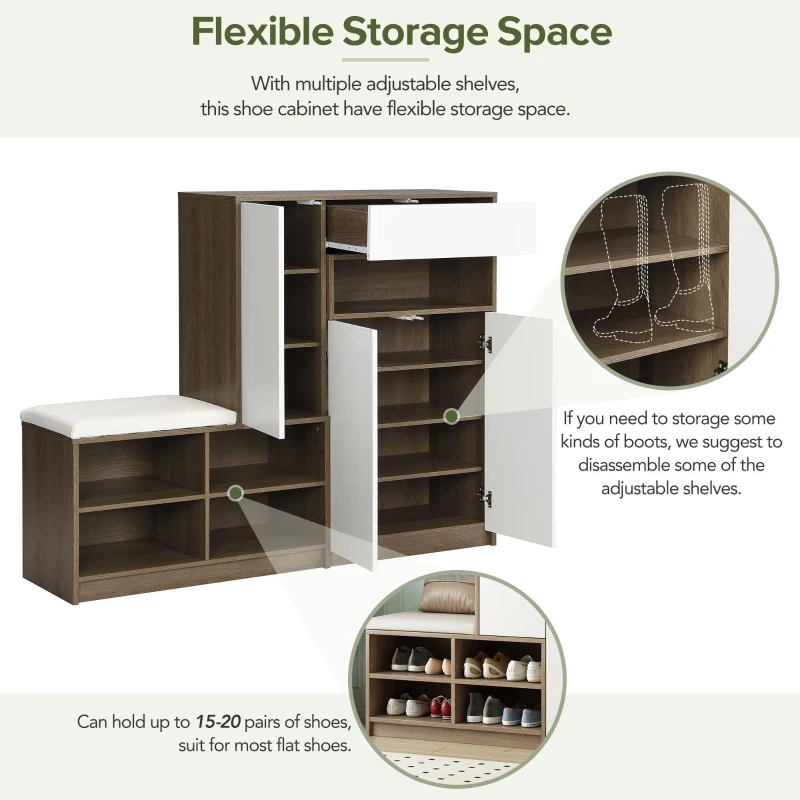 Vinsetto 2-in-1 Shoe Storage Bench & Cabinet, Multi-functional Shoe Rack with Padded Seat and Adjustable Shelves, 55.5" L x 14" W x 43.5" H, White