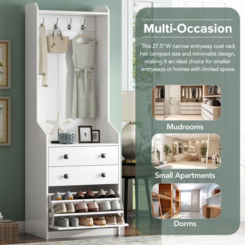 Vinsetto 27.5''W Narrow Hall Tree with Flip Drawer, Multi-functional Coat Rack with 4 Hanging Hooks & Adjustable Shoe Storage Cabinet for Hallway, White