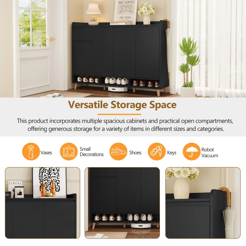 Sleek and Contemporary Shoe Cabinet with Adjustable Shelves, Solid Wood Legs, and Ample Storage, 55.5" L x 14" W x 39.5" H, Black