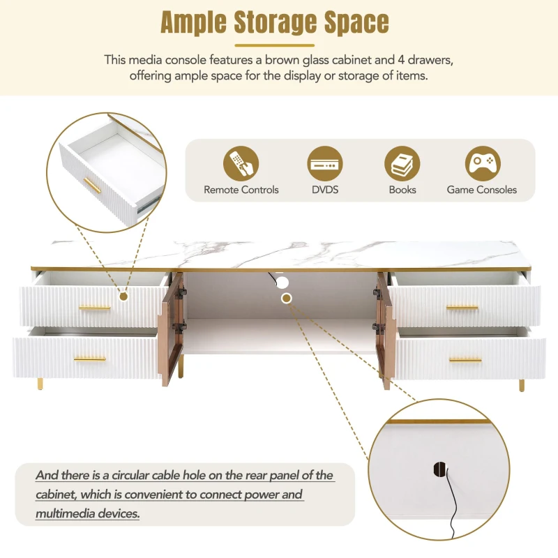 Vinsetto Stylish LED TV Stand with Marble-Veined Table Top, Brown Glass Storage Cabinet, Golden Legs & Handles, Fits TVs Up to 78", Gold+White