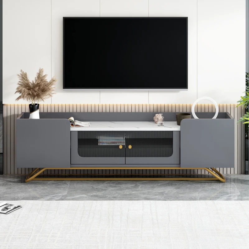 Vinsetto Sleek Design TV Stand with Fluted Glass, Faux Marble Top, Gold Frame Base, Fits TVs Up to 70", 63.5" L x 12.5" W x 19" H, Grey