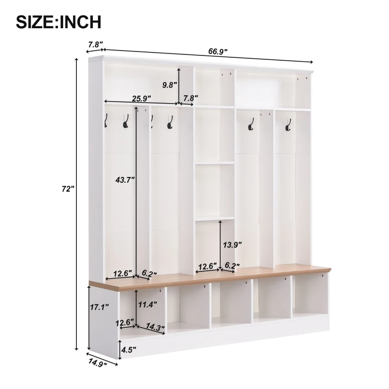 Wide Hall Tree with Storage Bench, Cube Storage, Shelves and 8 Hooks, Multifunctional Coat Rack, Shoe Cabinet, 67" L x 15" W x 72" H, White