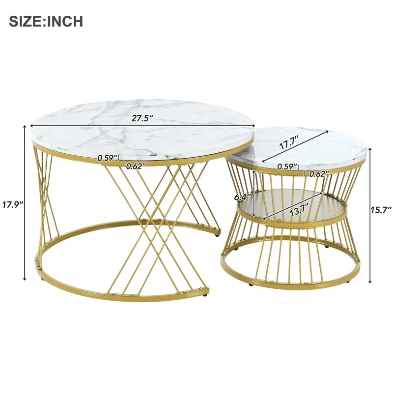 Nesting Coffee Table Set of 2 with Marble Grain Top and Golden Iron Frame, Space-Saving Design, Easy Assembly, White+Gold