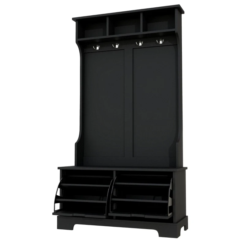Vinsetto All in One Hall Tree with 3 Top Shelves and 2 Flip Shoe Storage Drawers, Wood Hallway Organizer with Metal Hanging Hooks, Black