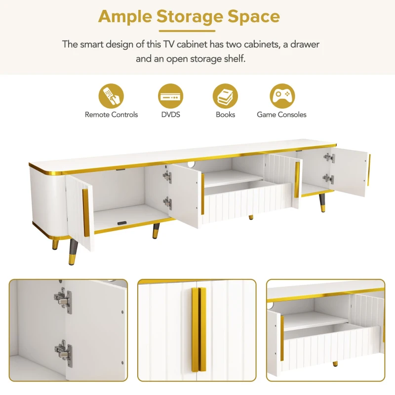 Luxury Minimalism TV Stand with Open Storage Shelf for TVs Up to 85", Entertainment Center with Cabinets and Drawers, White+Gold