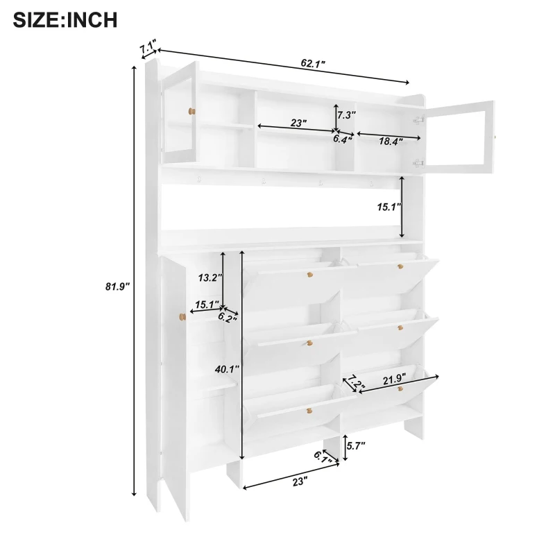 Multifunctional Shoe Cabinet with Storage Shelf, 6 Drawers, 4 Hooks and Tempered Glass Doors, Modern Hall Tree, 62" L x 7" W x 82" H, White