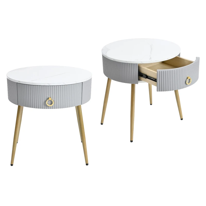 Set of 2 Modern End Tables with Storage, Faux Marble Tabletops, Fluted Panels, and Golden Legs, 19.5" L x 19.5" W x 20.5" H, Grey+Gold