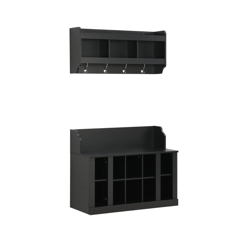 Shoe Cabinet Storage with Shelves and 4 Hooks, Elegant Hall Tree with Wall Mounted Coat Rack, Entryway Organizer for Hallway, Mudroom, Black