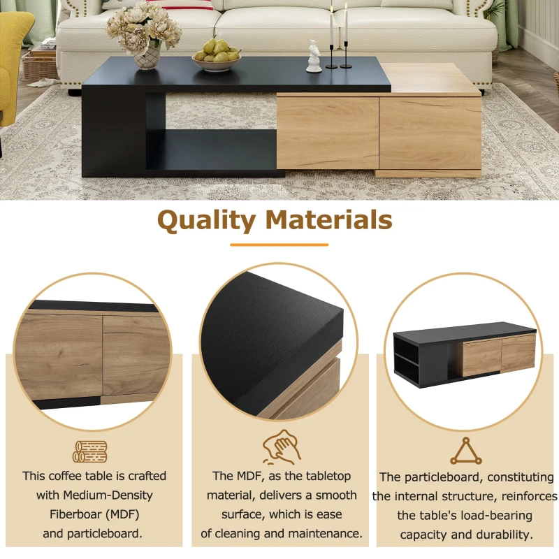 Vinsetto Extendable Coffee Table with 2 Storage Drawers, Dual-tone Wood Center Table with Sliding Tabletop, Multi-functional Hidden Storage, Black