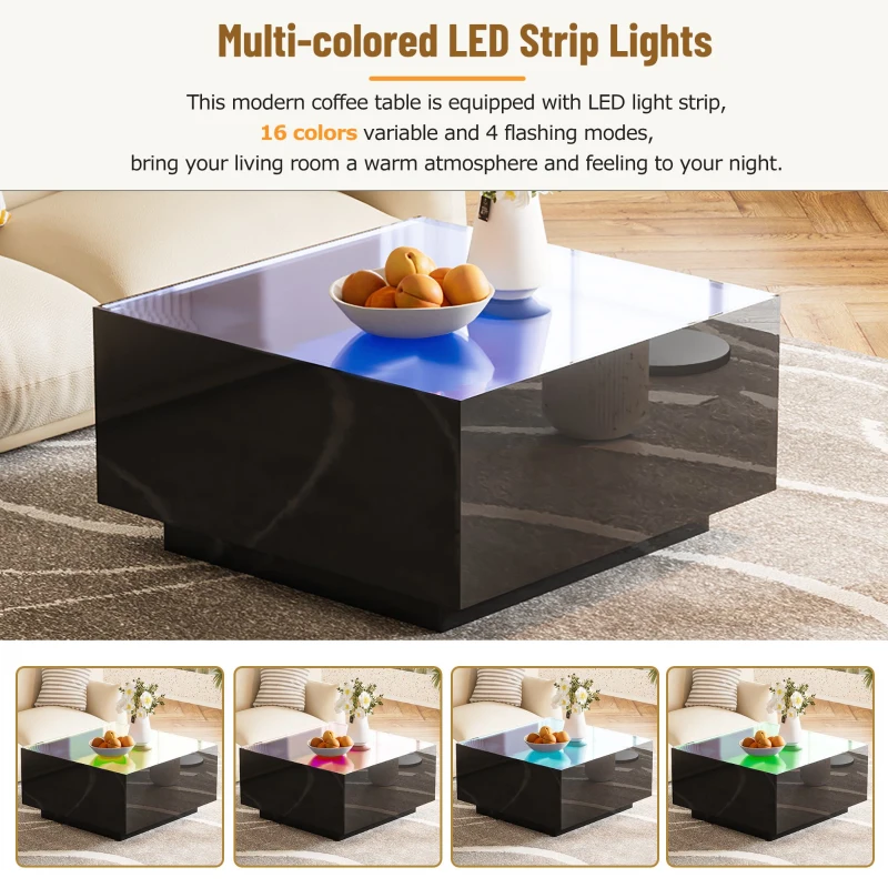 Square High Glossy Coffee Table with 16-Color LED Strip Lights, 0.2'' Glass Top, Modern Center Table for Living Room, 27.5" L x 27.5" W x 14" H, Black
