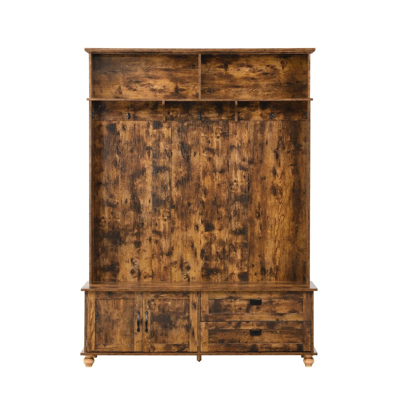Vinsetto Modern Hall Tree with Storage Cabinet, 2 Large Drawers, Mudroom Bench with 5 Coat Hooks, 59" L x 16" W x 80.5" H, Rustic Brown