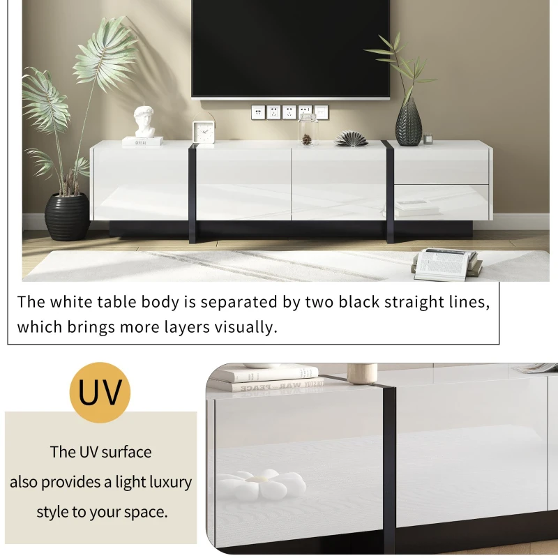 Vinsetto Modern TV Stand Console Table with High Gloss UV Surface, Contemporary TV Stand for TVs Up to 80", 2 Drawers and 3 Cabinets, White