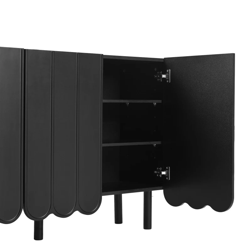Minimalist Storage Shoe Cabinet with Adjustable Shelves, Solid Wood Legs, and Wave Doors, 47" L x 13.5" W x 31.5" H, Black