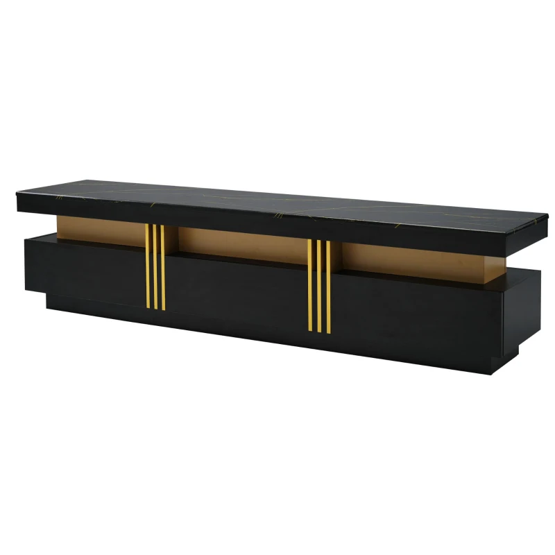 Vinsetto Luxury TV Stand with High Gloss Faux Marble Top for TVs Up to 78", Media Console with Golden Panel Design and 3 Drawers, Black+Gold