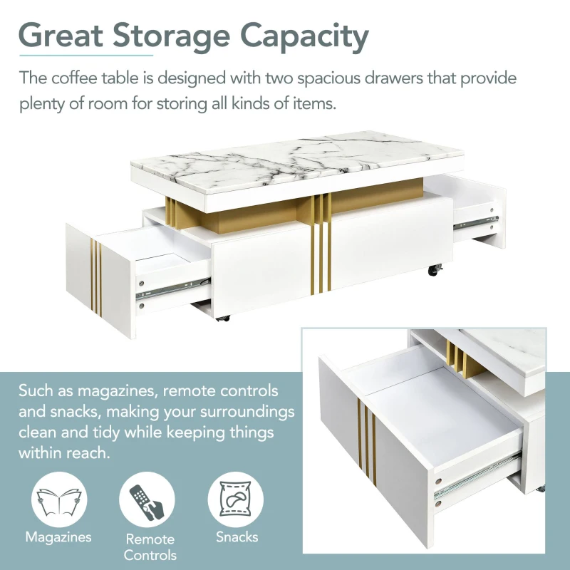 Vinsetto Contemporary Coffee Table with Faux Marble Top, Rectangle Cocktail Table with Caster Wheels and Two Drawers, 39.5" L x 20" W x 17.5" H, White