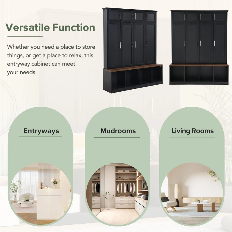 Vinsetto Multi-Functional Hall Tree with 4 Hidden Hanging Hooks, Brown Wood Grain Bench, Multiple Storage Spaces, 59" L x 15.5" W x 75" H, Black