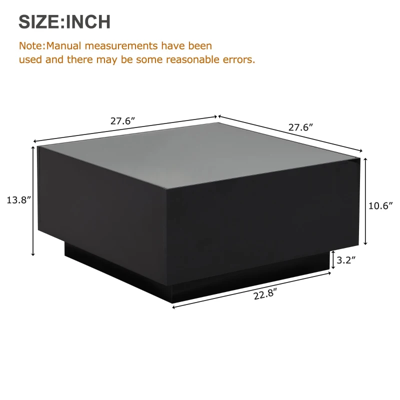 Square High Glossy Coffee Table with 16-Color LED Strip Lights, 0.2'' Glass Top, Modern Center Table for Living Room, 27.5" L x 27.5" W x 14" H, Black